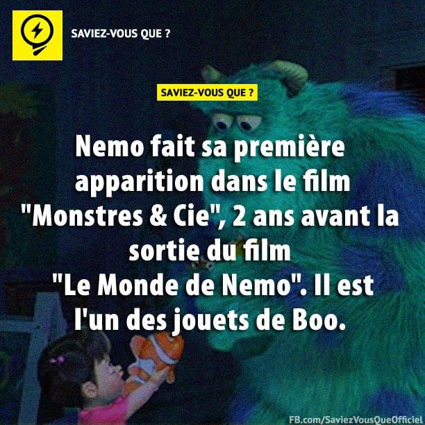 Nemo fait sa première apparition dans le film « Monstres & Cie », 2 ans avant la sortie de film « Le Monde de Nemo ». Il est l’un des jouets de Boo.