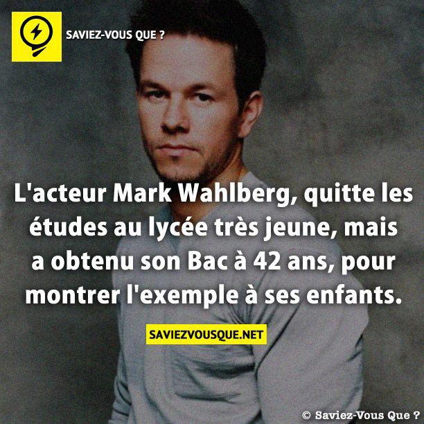 L’acteur Mark Wahlberg, quitte les études au lycée très jeune, mais a obtenu son Bac à 42 ans, pour montrer l’exemple à ses enfants.