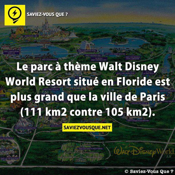Le parc à thème Walt Disney World Resort situé en Floride est plus grand que la ville de Paris (111 km2 contre 105 km2).
