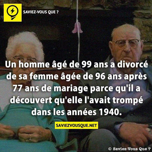 Un homme âgé de 99 ans a divorcé de sa femme âgée de 96 ans après 77 ans de mariage parce qu’il a découvert qu’elle l’avait trompé dans les années 1940.