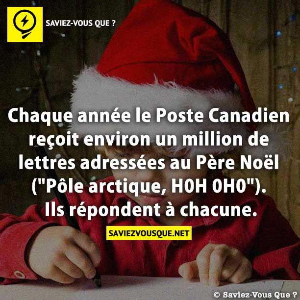 Chaque année le Poste Canadien reçoit environ un million de lettres adressées au Père Noël (« Pôle arctique, H0H 0H0 »). Ils répondent à chacune.