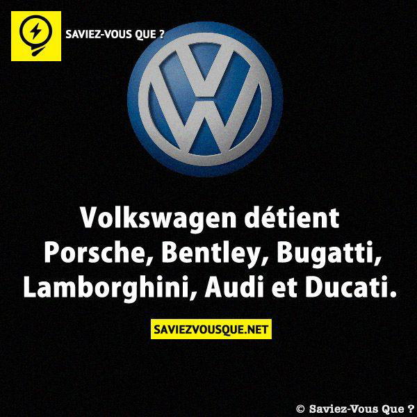 Volkswagen détient Porsche, Bentley, Bugatti, Lamborghini, Audi et Ducati.