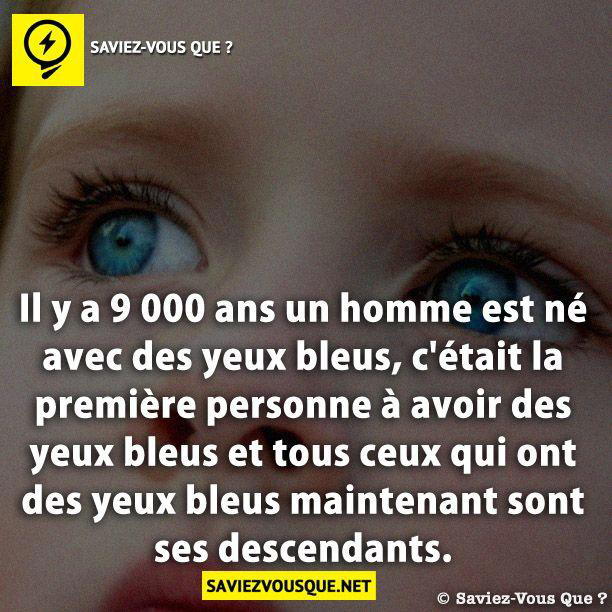 Il y a 9 000 ans un homme est né avec des yeux bleus, c’était la première personne à avoir des yeux bleus et tous ceux qui ont des yeux bleus maintenant sont ses descendants.