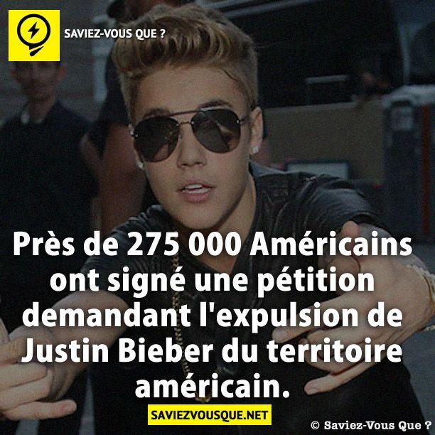 Près de 275 000 Américains ont signé une pétition demandant l’expulsion de Justin Bieber du territoire américain.