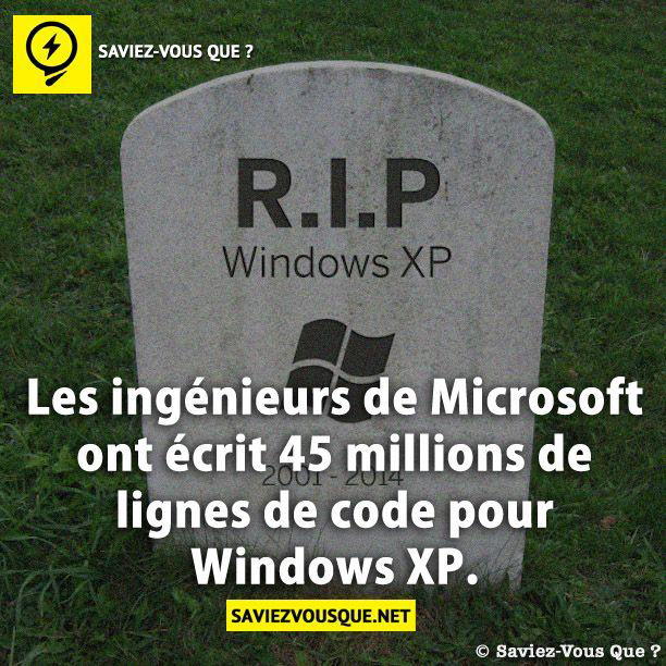 Les ingénieurs de Microsoft ont écrit 45 millions de lignes de code pour Windows XP.