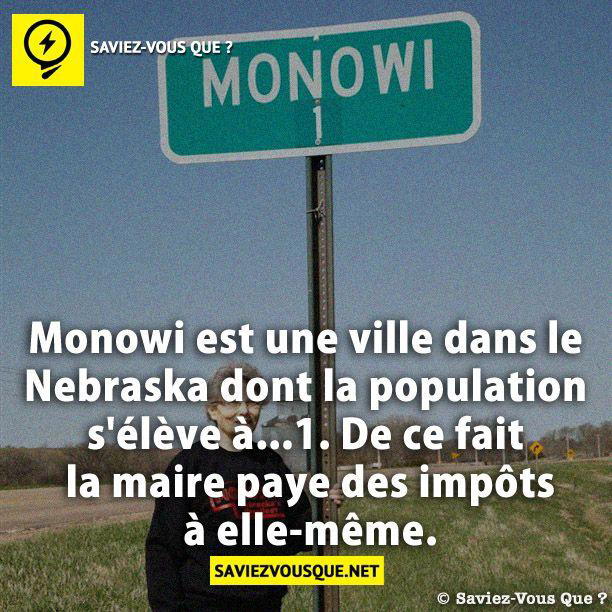 Monowi est une ville dans le Nebraska dont la population s’élève à…1. De ce fait la maire paye des impôts à elle-même.
