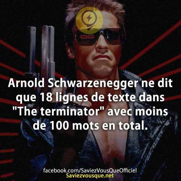 Arnold Schwarzenegger ne dit que 18 lignes de texte dans « The terminator » avec moins de 100 mots en total.