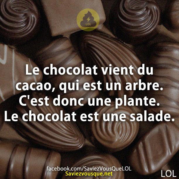 Le chocolat vient du cacao, qui est un arbre. C’est donc une plante. Le chocolat est une salade.