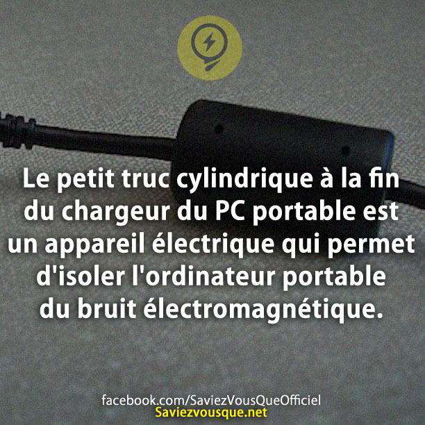 Le petit truc cylindrique à la fin du chargeur du PC portable est un appareil électrique qui permet d’isoler l’ordinateur portable du bruit électromagnétique.