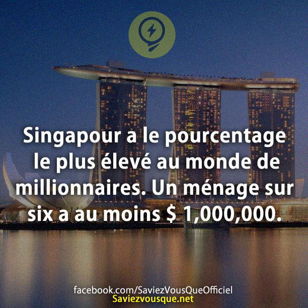 Singapour a le pourcentage le plus élevé au monde de millionnaires. Un ménage sur six a au moins $ 1, 000,000.
