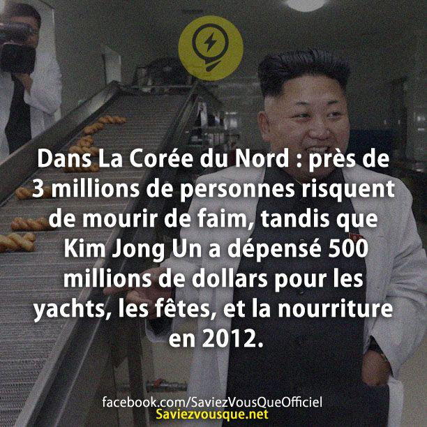 Dans La Corée du Nord : près de 3 millions de personnes risquent de mourir de faim, tandis que Kim Jong Un a dépensé 500 millions de dollars pour les yachts, les fêtes, et la nourriture en 2012.