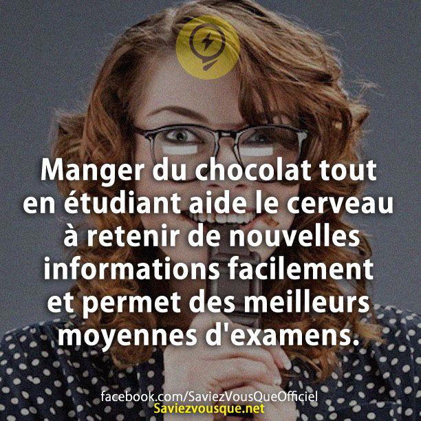 Manger du chocolat tout en étudiant aide le cerveau à retenir de nouvelles informations facilement et permet des meilleurs moyennes d’examens.