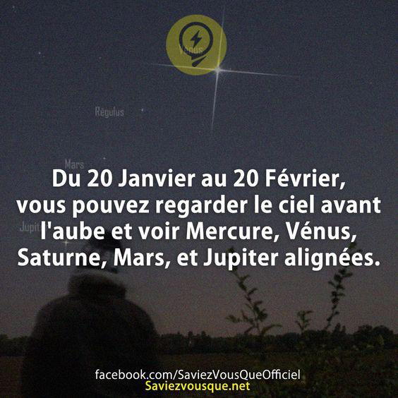 Du 20 Janvier au 20 Février, vous pouvez regarder le ciel avant l’aube et voir Mercure, Vénus, Saturne, Mars, et Jupiter alignées.