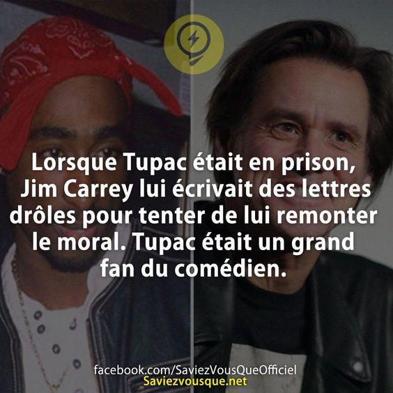 Lorsque Tupac était en prison, Jim Carrey lui écrivait des lettres drôles pour tenter de lui remonter le moral. Tupac était un grand fan du comédien.